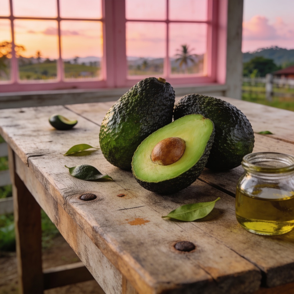 Fresh ripe avocados, one halved, on a rustic farm table