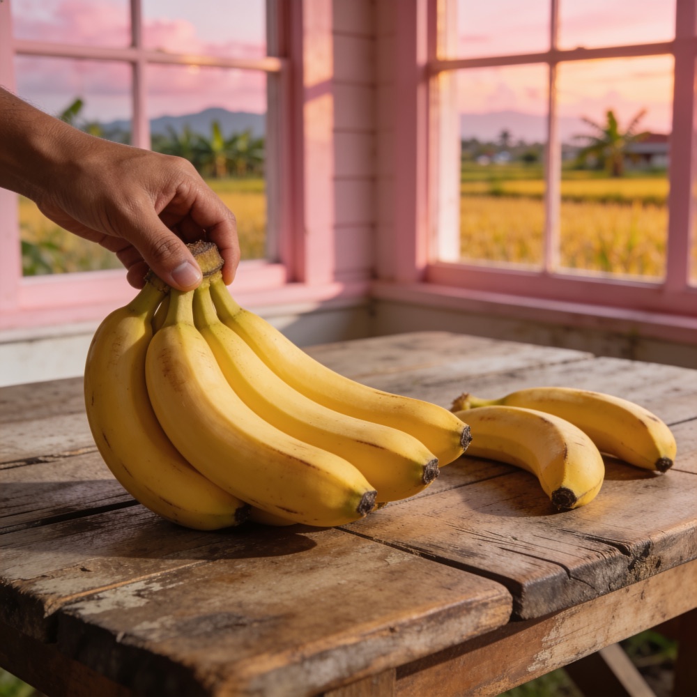 A hand of ripe yellow bananas on a rustic farm table by a pink-lit window
