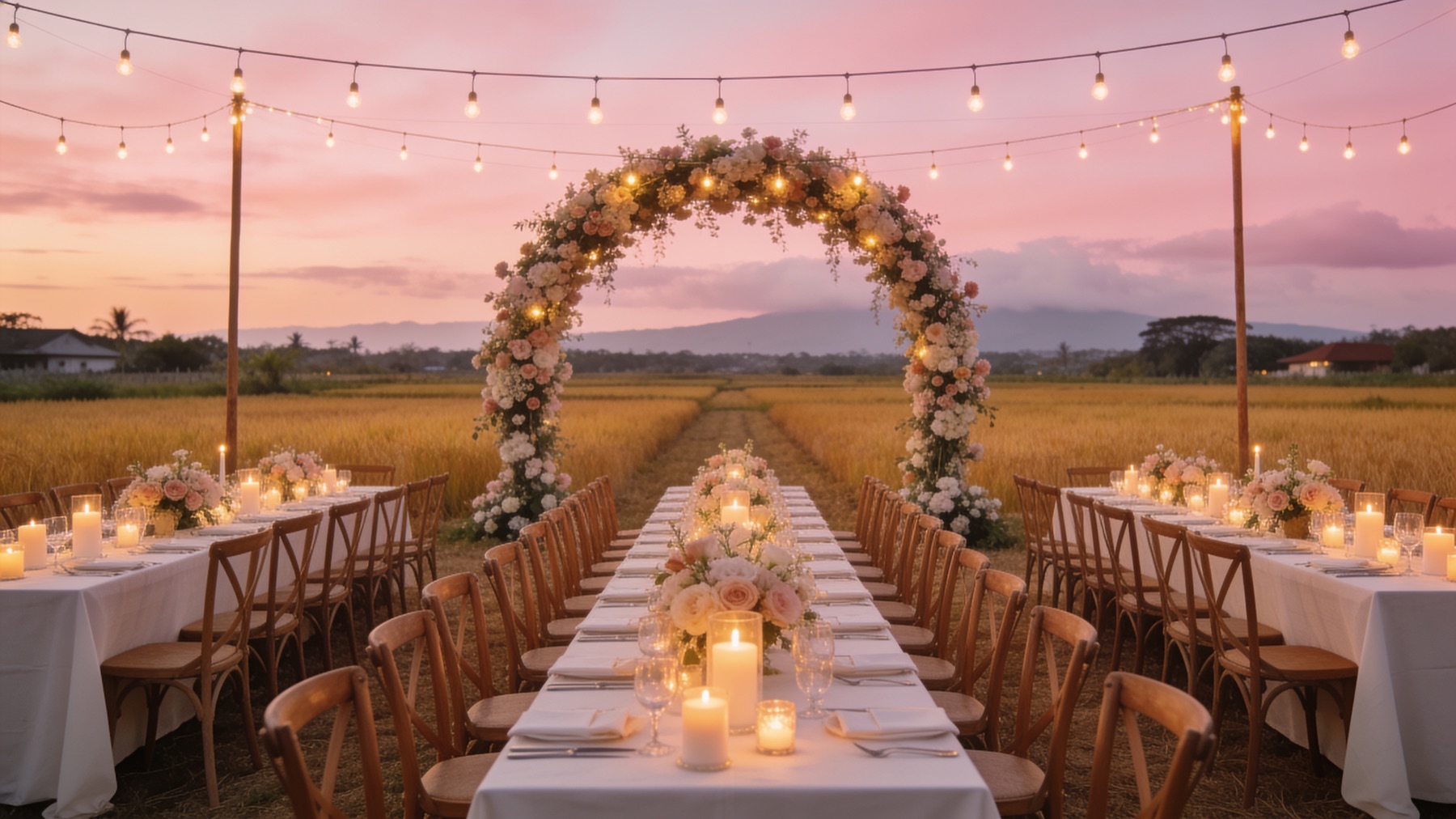 A candlelit banquet with a floral arch at dusk