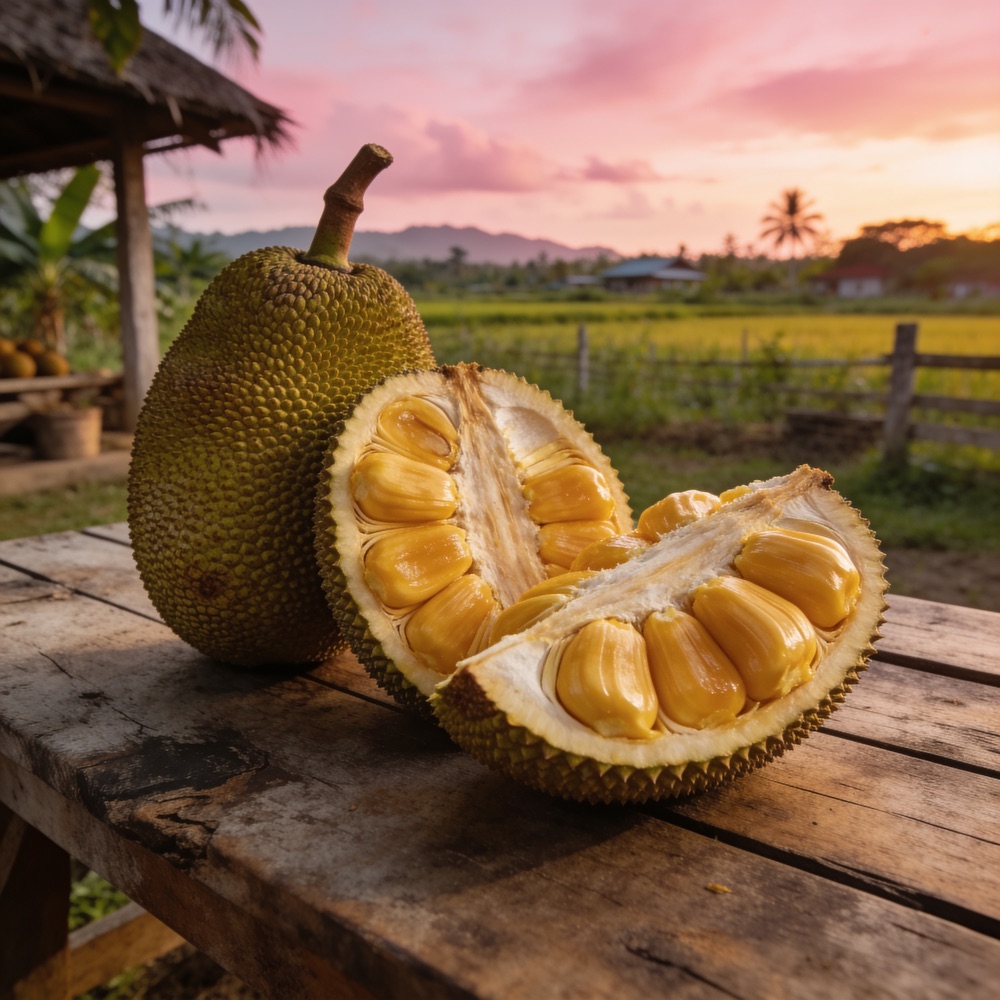A jackfruit opened to reveal golden honey-sweet arils on a farm table
