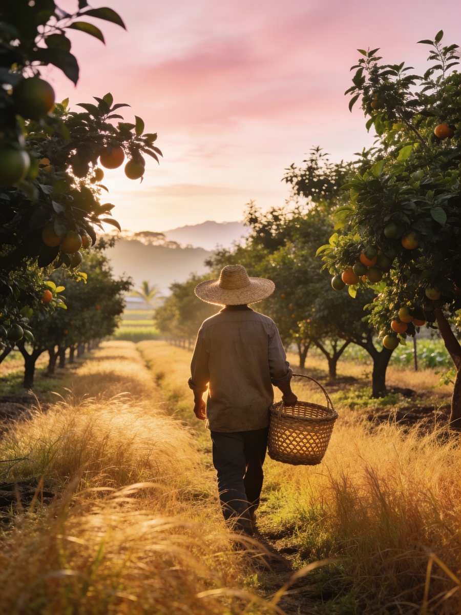 A farmer walking the rows at dawn